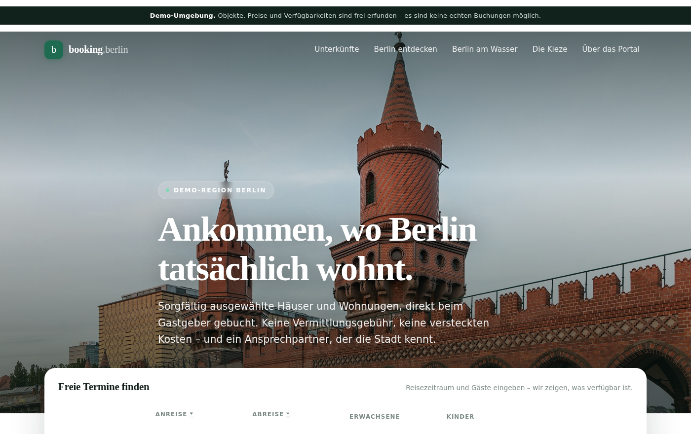 Startseite des Demo-Buchungsportals booking.f-solution.eu mit Suchmaske